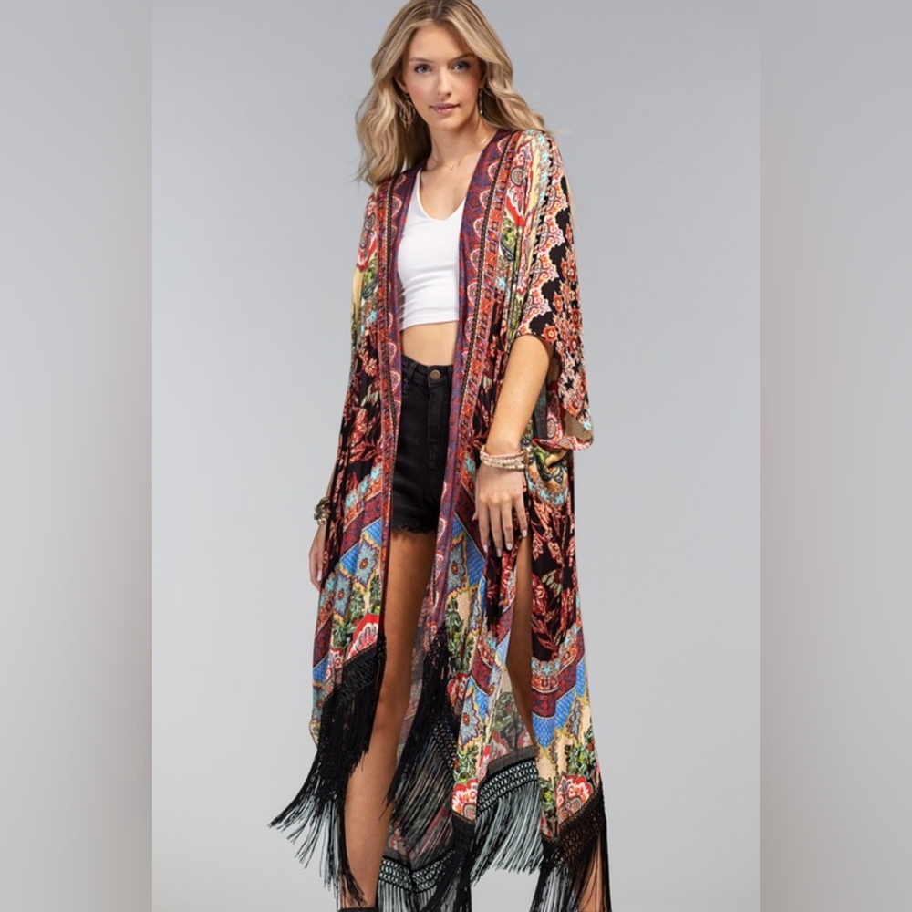 Bohemian Floral & Demask Print Kimono / Duster w/ Side Slits - Deep Rich Colors - Picture 4 of 7
